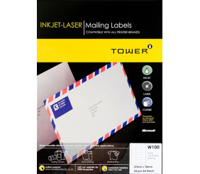 Tower Inkjet-Laser Labels 100 Sheets W100 24 per A4 Sheet 