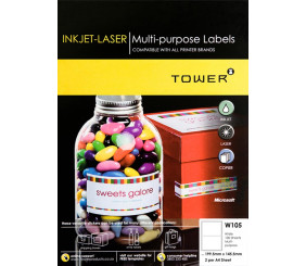 Tower Inkjet-Laser Labels 100 Sheets W105 2 per A4 Sheet
