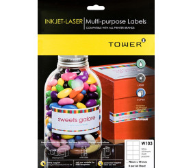 Tower Inkjet-Laser Labels 100 Sheets W103 8 per A4 Sheet